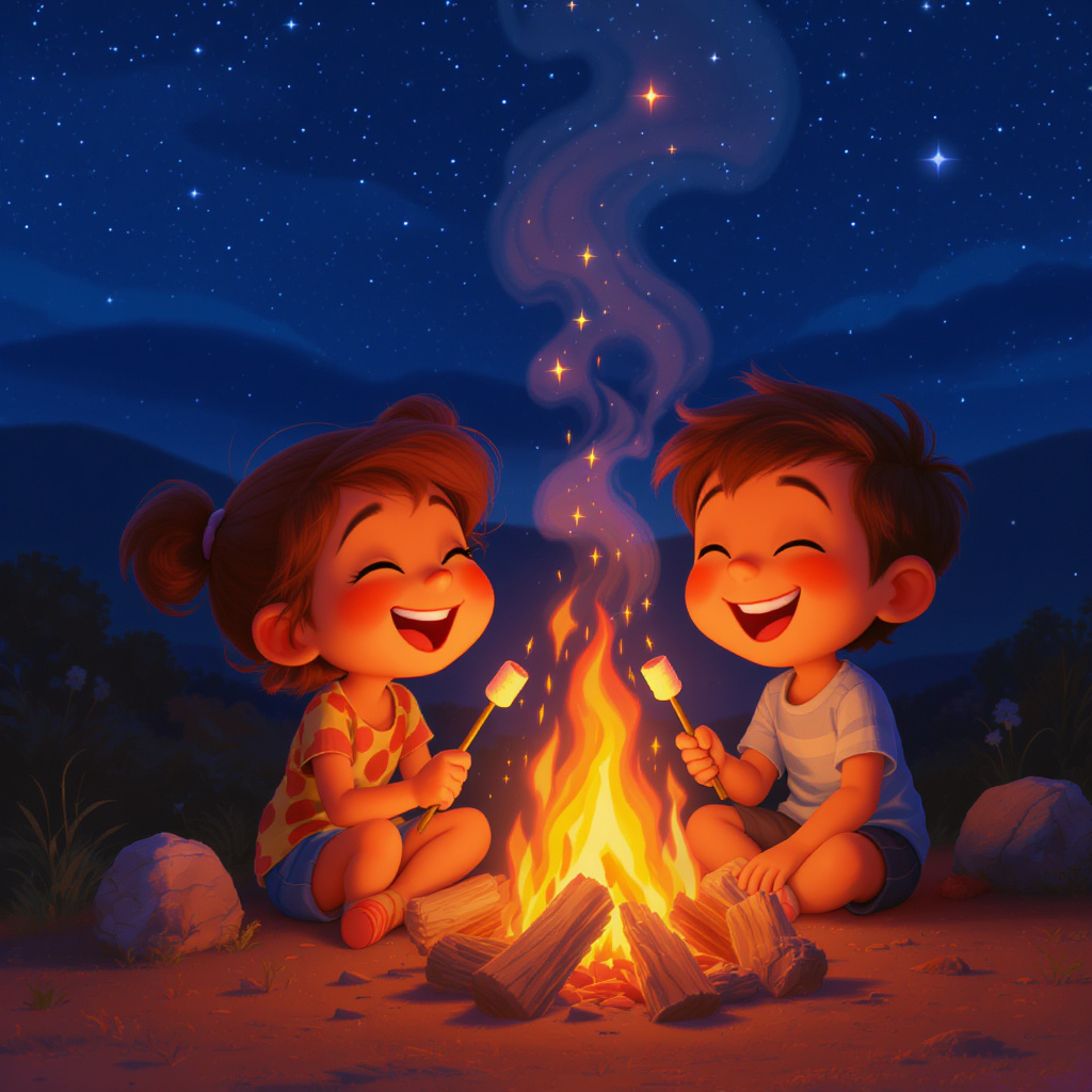 Two children laughing around a glowing campfire with fireflies